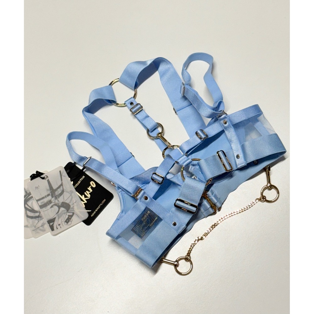 Honey Birdette Kukuro Bra Blue Strappy Bondage Underwire Mesh Gold Chain‎ 30A - Picture 4 of 7
